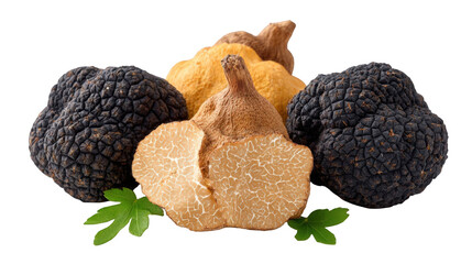 Assorted truffles displayed on a white background with fresh parsley, showcasing their unique textures