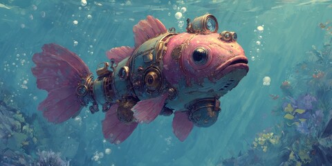 Pink fish with steampunk details underwater scene