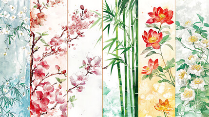 A serene watercolor painting showcases a Japanese landscape with delicate cherry blossoms, tall bamboo, and subtle lotus flowers, all bathed in soft sunlight