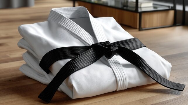 Three white karate uniforms with black belts on top of each other