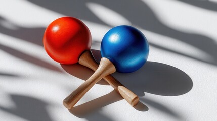 Two wooden maracas are sitting on a white surface