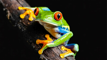 Naklejka premium A close-up macro photograph of a Red-eyed Tree Frog clinging to a dark brown textured surface.