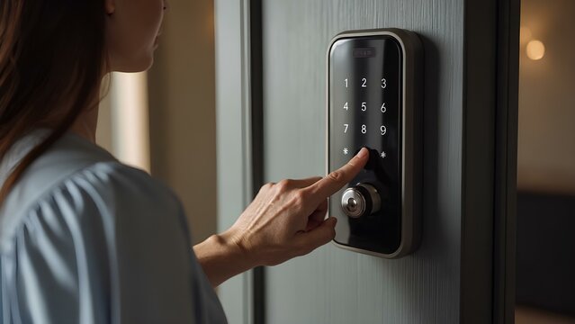 Closeup of a woman's finger entering password code on a smartphone and digital touch screen keypad smart lock in front of a hotel room door, modern security system, smart device access concept