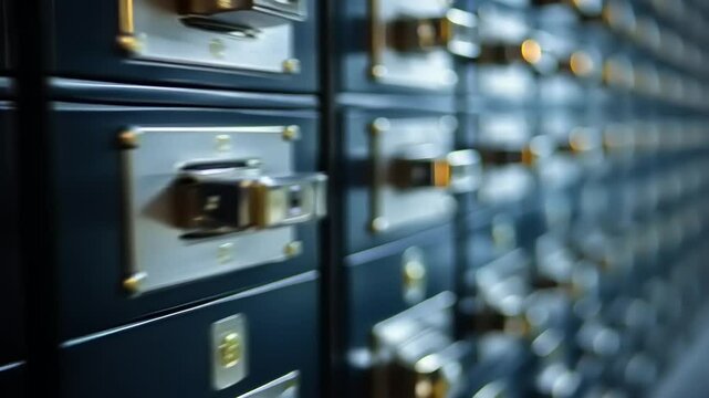 Close-up view of a row of secure bank safety deposit boxes in a dimly lit vault, showcasing security