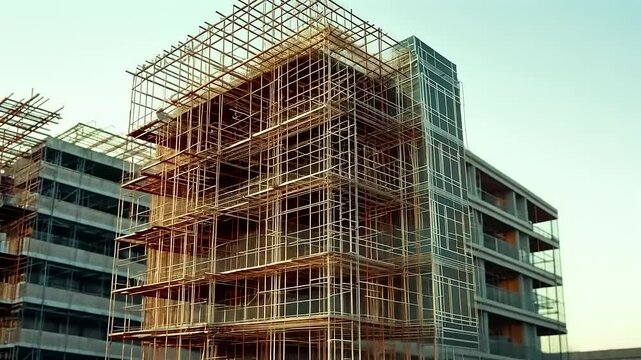 Construction site showcasing a modern building under development with scaffolding and clear sky