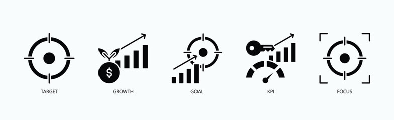Performance Metrics Icon Set Isolated Vector With Icon Of Target, Growth, Goal, Kpi, Focus In Glyph Style