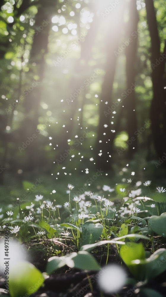 Aufkleber sunlight filtering through trees illuminates delicate flowers and floating pollen in a serene forest