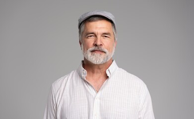 Friendly grey beard aged man in cap wear white shirt isolated on grey