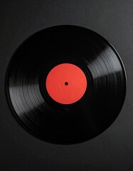 Obraz premium A black vinyl record with a bold red label rests on a dark backdrop, sparking nostalgia.