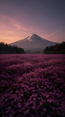 Spectacular Mount Fuji volcano landscape with snow-capped peak under a dramatic sky at sunrise, sunset, or in autumn, showcasing Japan's iconic nature and scenery