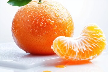 Fresh orange with droplets of water and a peeled segment on a white surface, emphasized by soft lighting