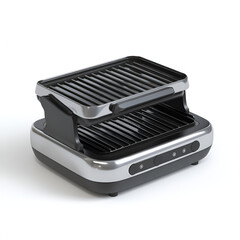 Modern electric grill appliance with compact design featuring sleek black and chrome color scheme.