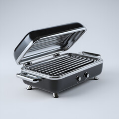A compact electric grill with black finish and chrome accents, ready for small indoor grilling.