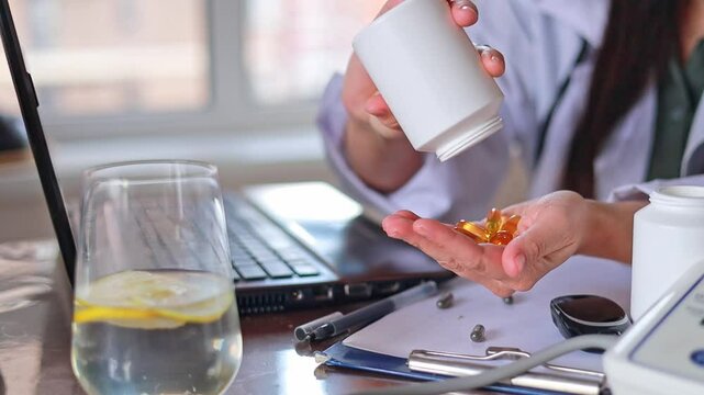 Close-up Doctor pours out of white jar and transparent yellow oval capsules and pills. Omega 3, Vitamin D, Fish oil. Alternative medicine, Dietary supplement