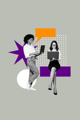Template sketch composite artwork collage of human resources staff business collaboration meeting two lady work together laptop chatting
