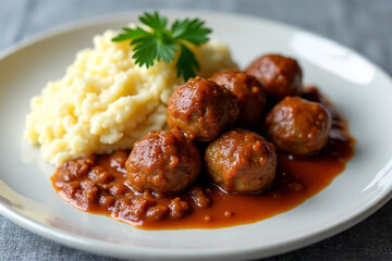 A plate of meatballs with gravy and mashed potatoes garnished with parsley on a white ceramic plate