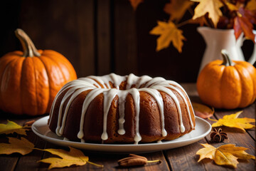 A delicious-looking bundt cake with creamy icing, surrounded by autumnal pumpkins