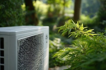 Air conditioning unit amidst tranquil greenery showcases technology meets nature