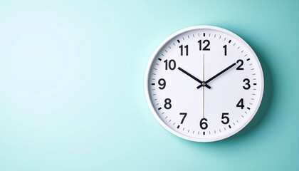 A circular clock hangs on a soft blue wall, showing the precise time with a clean, modern look.