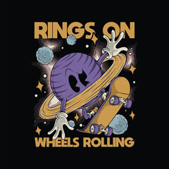 retro cartoon emblem of saturn planet mascot riding skateboard © andhikajudy