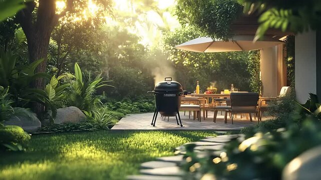 Serene backyard barbecue scene with grill, dining area, lush greenery, and sunlight filtering through trees