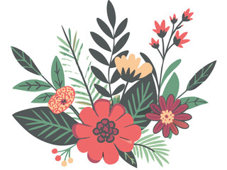 Red and white floral background with delicate spring flowers and leaves, a beautiful nature pattern design illustration