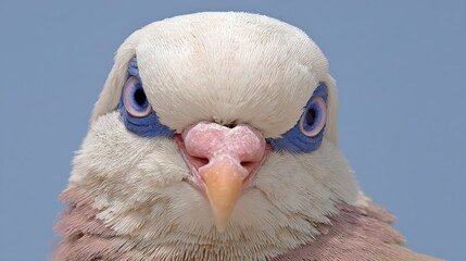 Close-up of a bird's face with striking blue eyes and detailed feathers