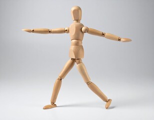 A wooden artist mannequin balances with arms outstretched in a neutral studio.