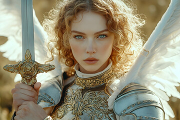 Blonde woman in medieval armor with sword. Cinematic portrait for fantasy film or historical reenactment. Joan of Arc concept for Christian religious drama 