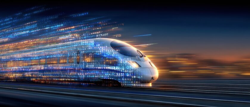 Dynamic digital trail of a highspeed train at twilight