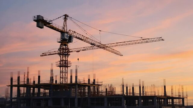 A construction site with multiple cranes and incomplete buildings at sunset, conveying urban development, growth, and industry. Ideal for real estate, engineering, and business themes.