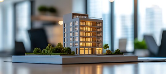 A miniature high-rise home model sits on an office executive table under bright lighting. Background blurred, with branding space.