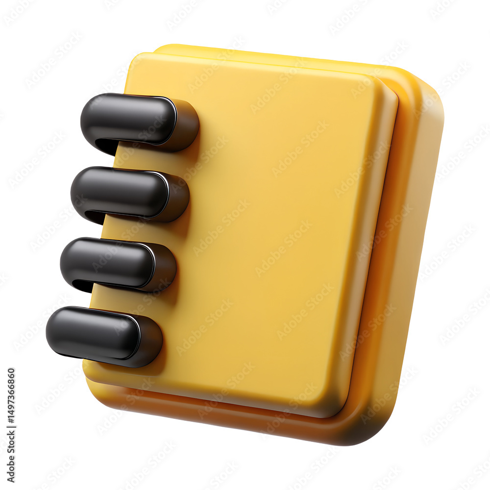Poster 3d render of yellow notepad icon with black binders isolated on transparent background