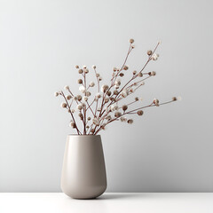 Minimalist ceramic vase holds dried botanical branches, creating a serene and elegant composition.