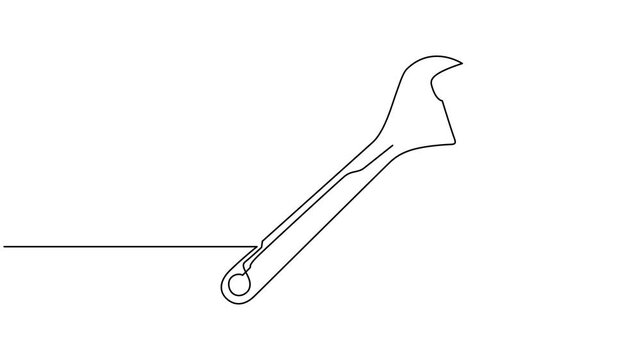 One animated mechanical wrench for nuts drawn in one continuous line black color, Self drawing animation of one line drawing of isolated vector object - adjustable spanner.