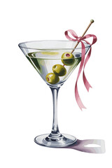 Elegant martini glass with green olives and a pink ribbon tied around the rim, soft watercolor style