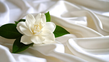Gardenia Bloom's Silk Embrace: A Delicate White Blossom Dances on Soft, Flowing Fabric.