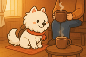 ココアを見つめるミニキャラサモエドが飼い主の足元に寄り添うカフェ風の室内風景