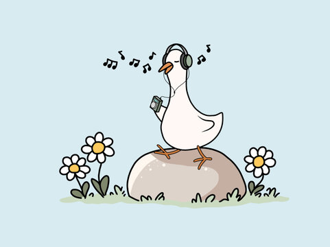 Cute Duck Listening to Music with Headphones on a Rock