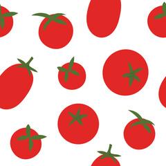 Seamless pattern with whole red tomatoes. Simple flat vector design with green stems on white background.