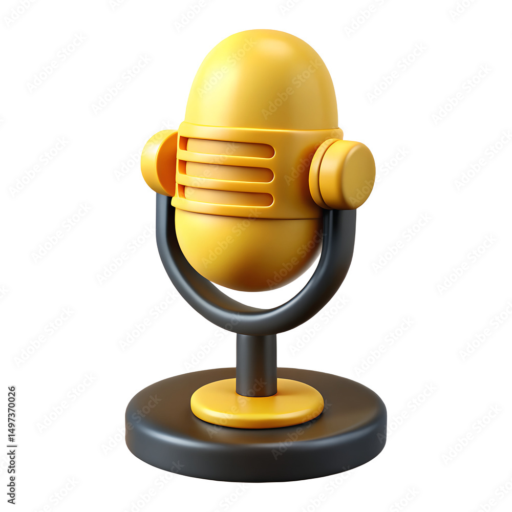 Poster 3d render of a yellow retro microphone isolated on transparent background