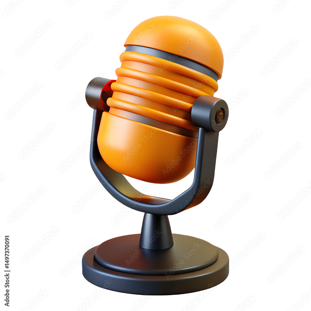 Poster 3d render of an orange retro microphone isolated on transparent background