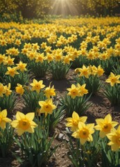 Obraz premium Sunlit field of vibrant yellow daffodils, petals glistening , petals, flowers, background