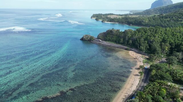 Maconde Viewpoint In Port Louis Mauritius Island Mauritius. Bird Eye View Of A Amazing Coastal Beach In The Summer Holiday. Coast Clouds Sky Seaside Summertime. Coast Panning Wide.