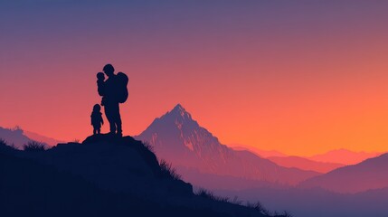 Father and children silhouette at sunset mountain view