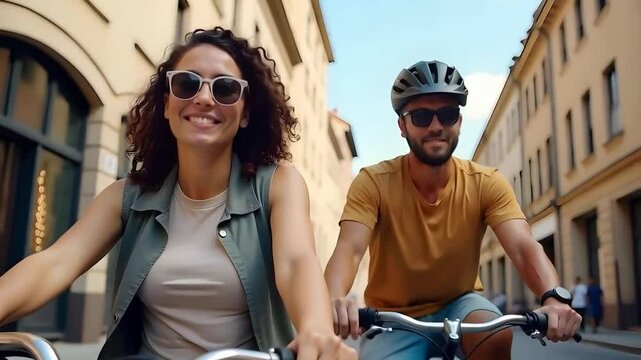 Happy couple riding a bicycle with sunglasses and bike helmets through a city