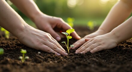 Hands planting young seedling in soil. Environmental care and gardening. New life growth concept. Earth Day, spring planting season. Sustainable agriculture
