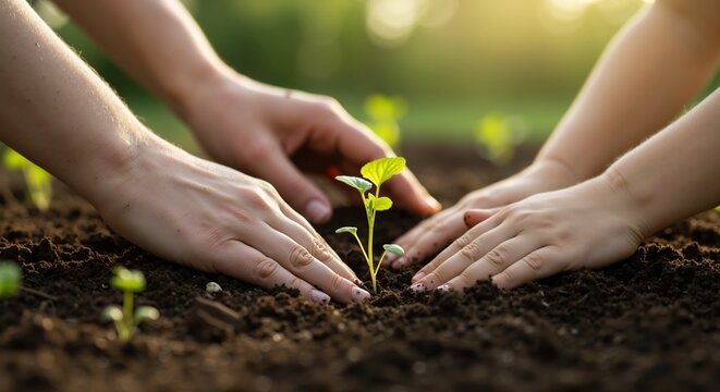 Hands planting young seedling in soil. Environmental care and gardening. New life growth concept. Earth Day, spring planting season. Sustainable agriculture