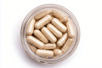 Close-up of Ginseng Capsules in jar isolated on white background