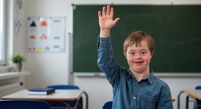 Smiling boy with Down syndrome raising hand in classroom. Caucasian student in denim shirt near chalkboard. Inclusive education concept. Special needs learning. School diversity